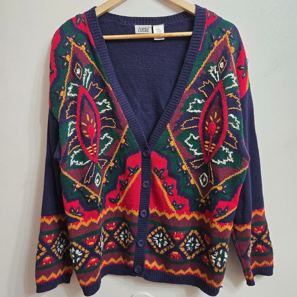 Vtg Lucia Womens Oversized 3D Knit Cardigan Sweater L Boho Paisley Embroidered